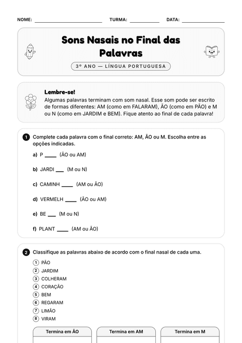Prévia da atividade: PÃO, FALARAM, JARDIM: sons nasais
