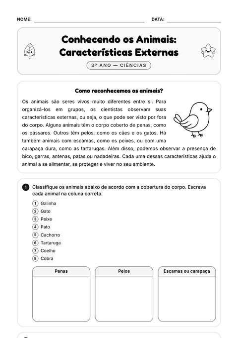 Prévia da atividade: Classificar animais por características