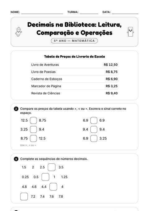 Prévia da atividade: Números decimais: ler, comparar e operar