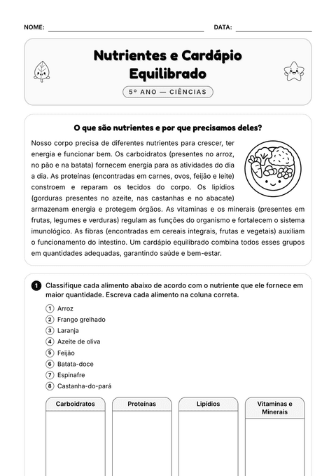 Prévia da atividade: Nutrientes e grupos alimentares