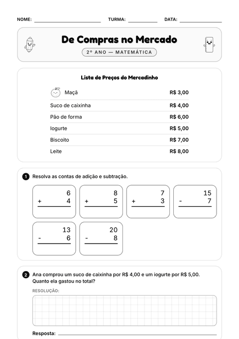 Prévia da atividade: Problemas de adição no mercado
