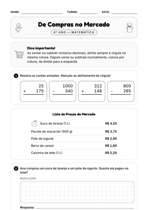 Prévia da atividade: Contas com vírgula