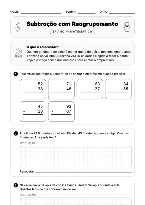 Prévia da atividade: Subtração com empréstimo