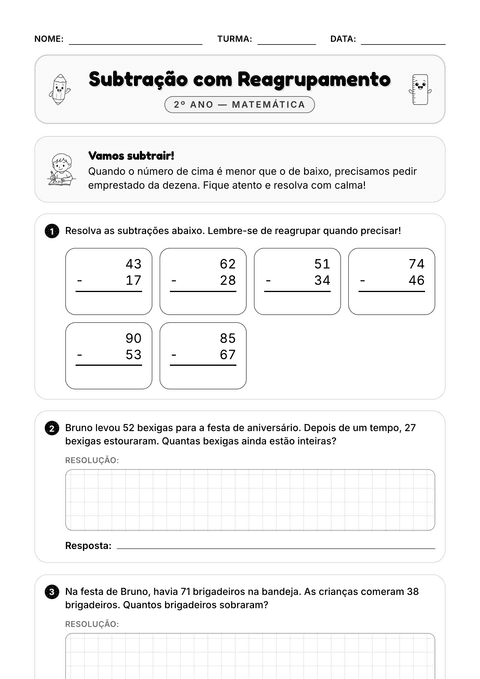 Prévia da atividade: Subtração com reagrupamento