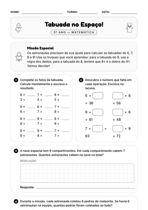 Prévia da atividade: Tabuada do 6 ao 9