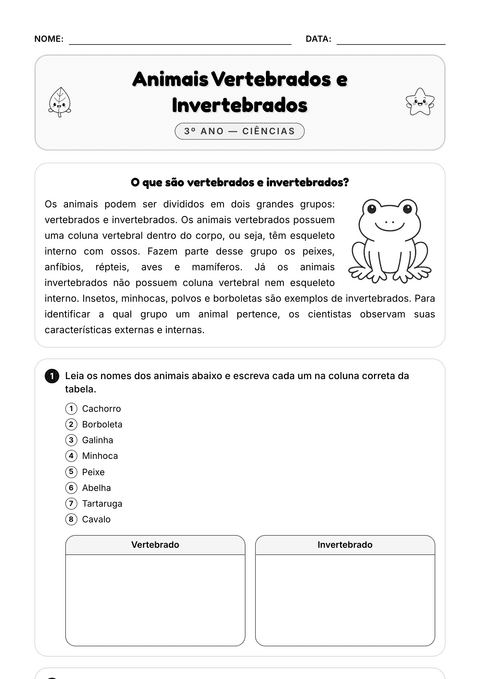 Prévia da atividade: Vertebrados e invertebrados