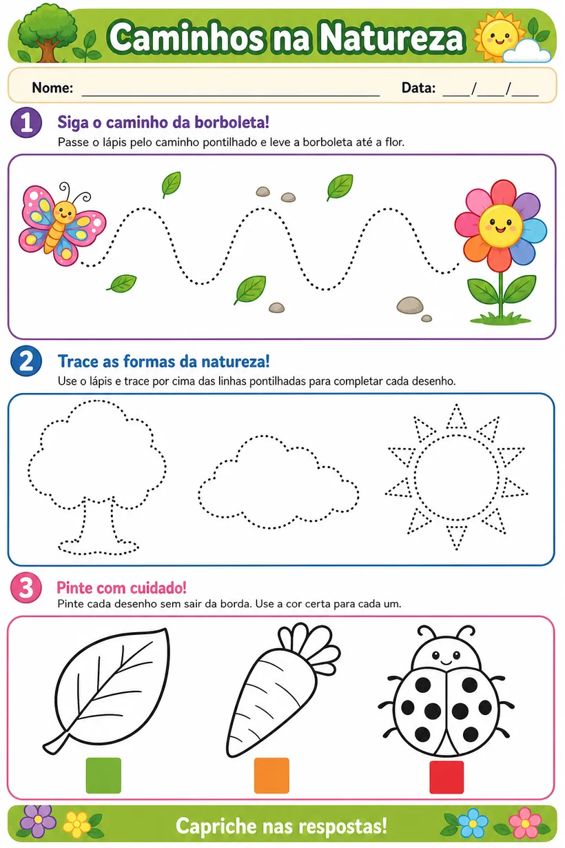 Folha de atividade ilustrada: Caminhos na Natureza
