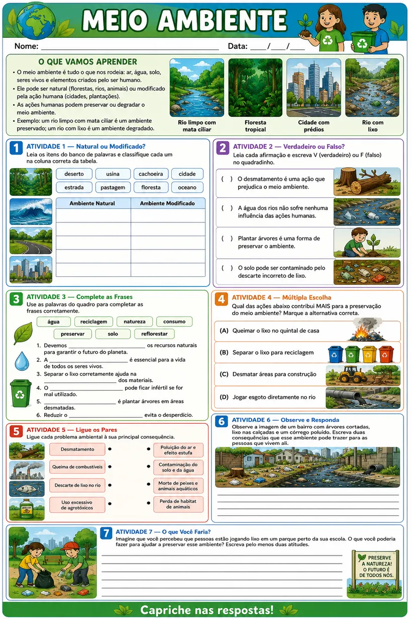 Folha de atividade ilustrada: Meio Ambiente