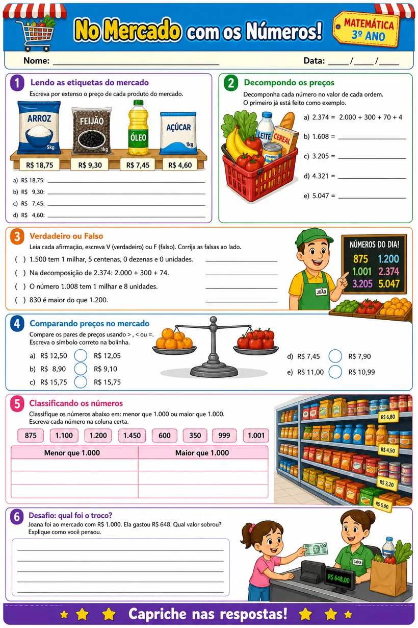 Folha de atividade ilustrada: No Mercado com os Números