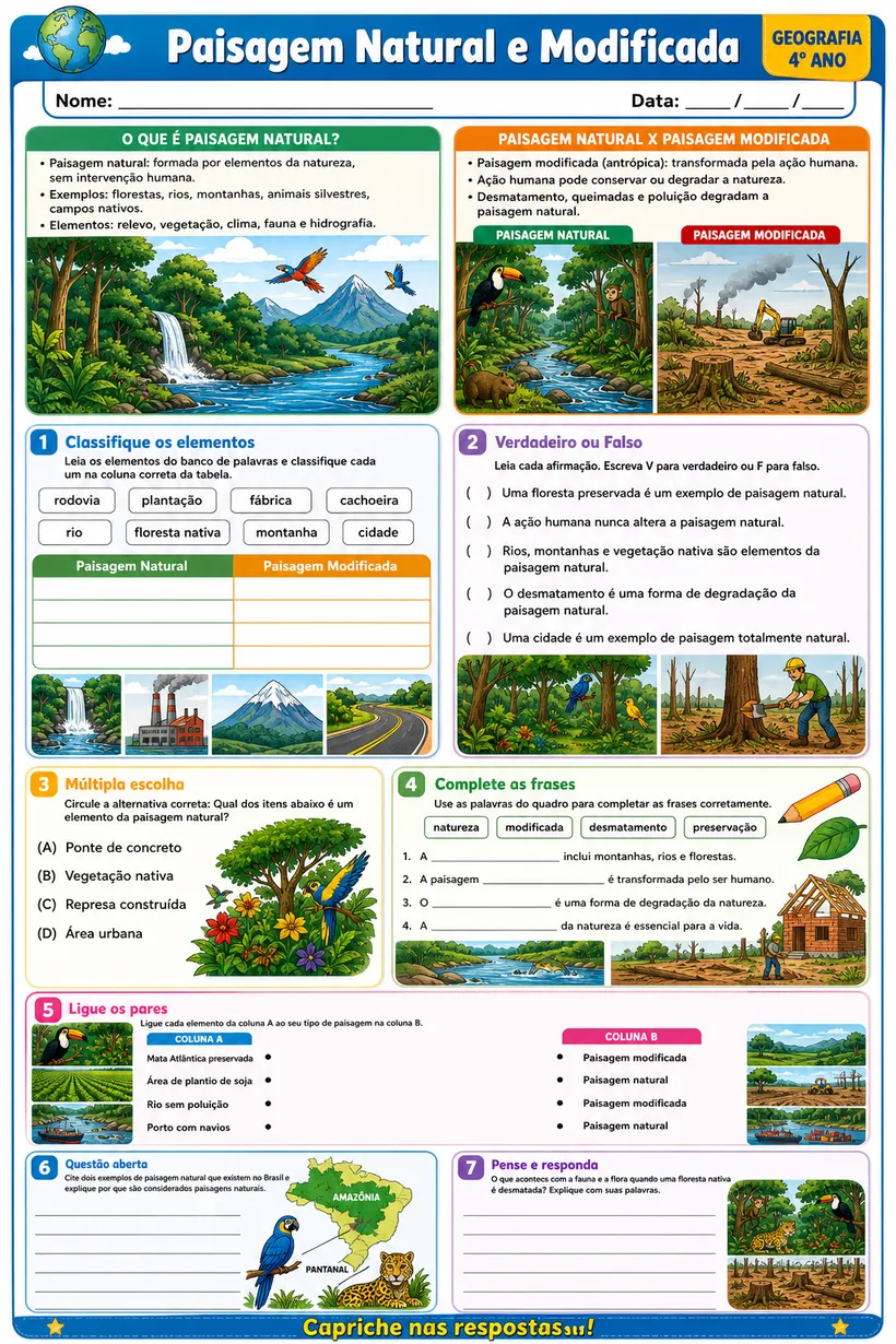 Folha de atividade ilustrada: Paisagem Natural e Modificada